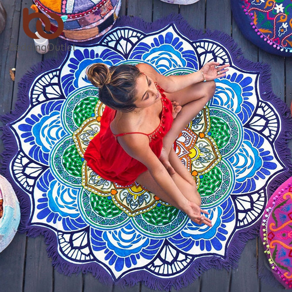 BeddingOutlet Chakra Beach Towel Tassel Toalla Mandala Tapestry Sunblock Round Cover-Up Bath Towel Lotus Bohemian Yoga Mat 150cm