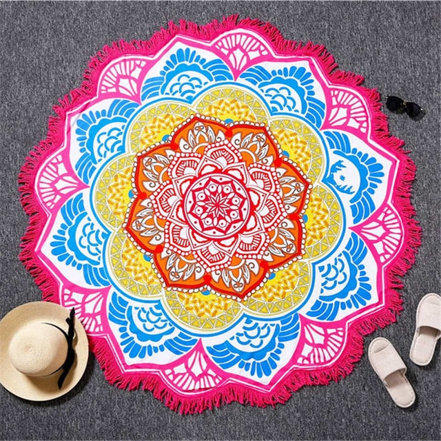 BeddingOutlet Chakra Beach Towel Tassel Toalla Mandala Tapestry Sunblock Round Cover-Up Bath Towel Lotus Bohemian Yoga Mat 150cm
