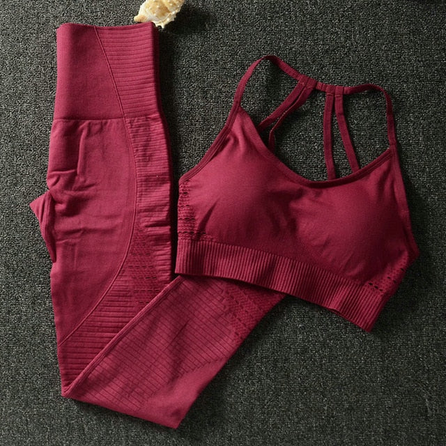 2PCS Yoga Set Strappy Bra Seamless Leggings Women Gym Fitness Clothing High Waist Yoga Leggings Set Running Sportswear Tracksuit