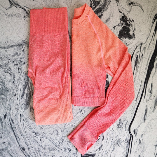 2PCS Yoga Set Women Long Sleeve Crop Tops And High Waisted Tummy Control Sport Leggings Gym Clothing Ombre Seamless Sport Suit