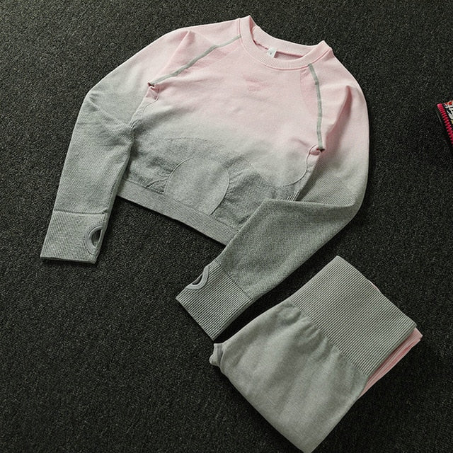 2PCS Yoga Set Women Long Sleeve Crop Tops And High Waisted Tummy Control Sport Leggings Gym Clothing Ombre Seamless Sport Suit