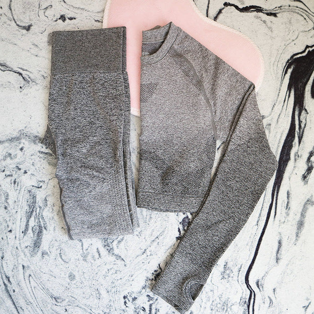 2PCS Yoga Set Women Long Sleeve Crop Tops And High Waisted Tummy Control Sport Leggings Gym Clothing Ombre Seamless Sport Suit