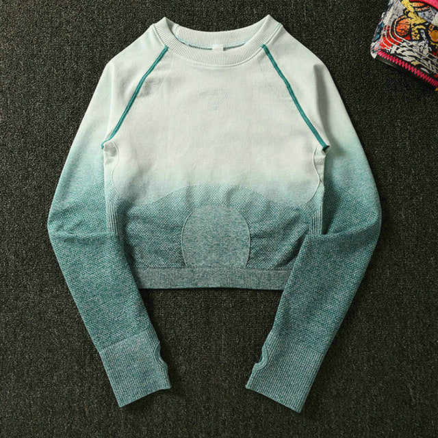 2PCS Yoga Set Women Long Sleeve Crop Tops And High Waisted Tummy Control Sport Leggings Gym Clothing Ombre Seamless Sport Suit