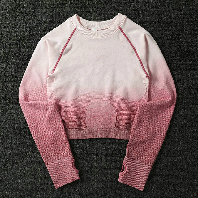 2PCS Yoga Set Women Long Sleeve Crop Tops And High Waisted Tummy Control Sport Leggings Gym Clothing Ombre Seamless Sport Suit