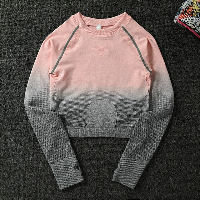 2PCS Yoga Set Women Long Sleeve Crop Tops And High Waisted Tummy Control Sport Leggings Gym Clothing Ombre Seamless Sport Suit