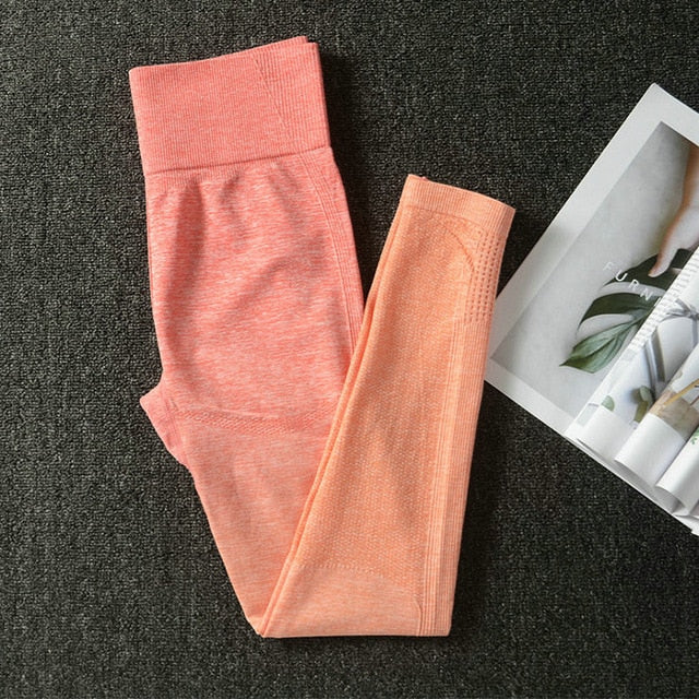 2PCS Yoga Set Women Long Sleeve Crop Tops And High Waisted Tummy Control Sport Leggings Gym Clothing Ombre Seamless Sport Suit